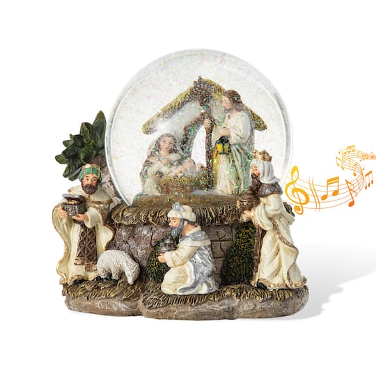 Glitzhome 150mm Christmas Oversized Resin Lighted Musical Snowflakes Nativity Scene Waterglobe - MULTI